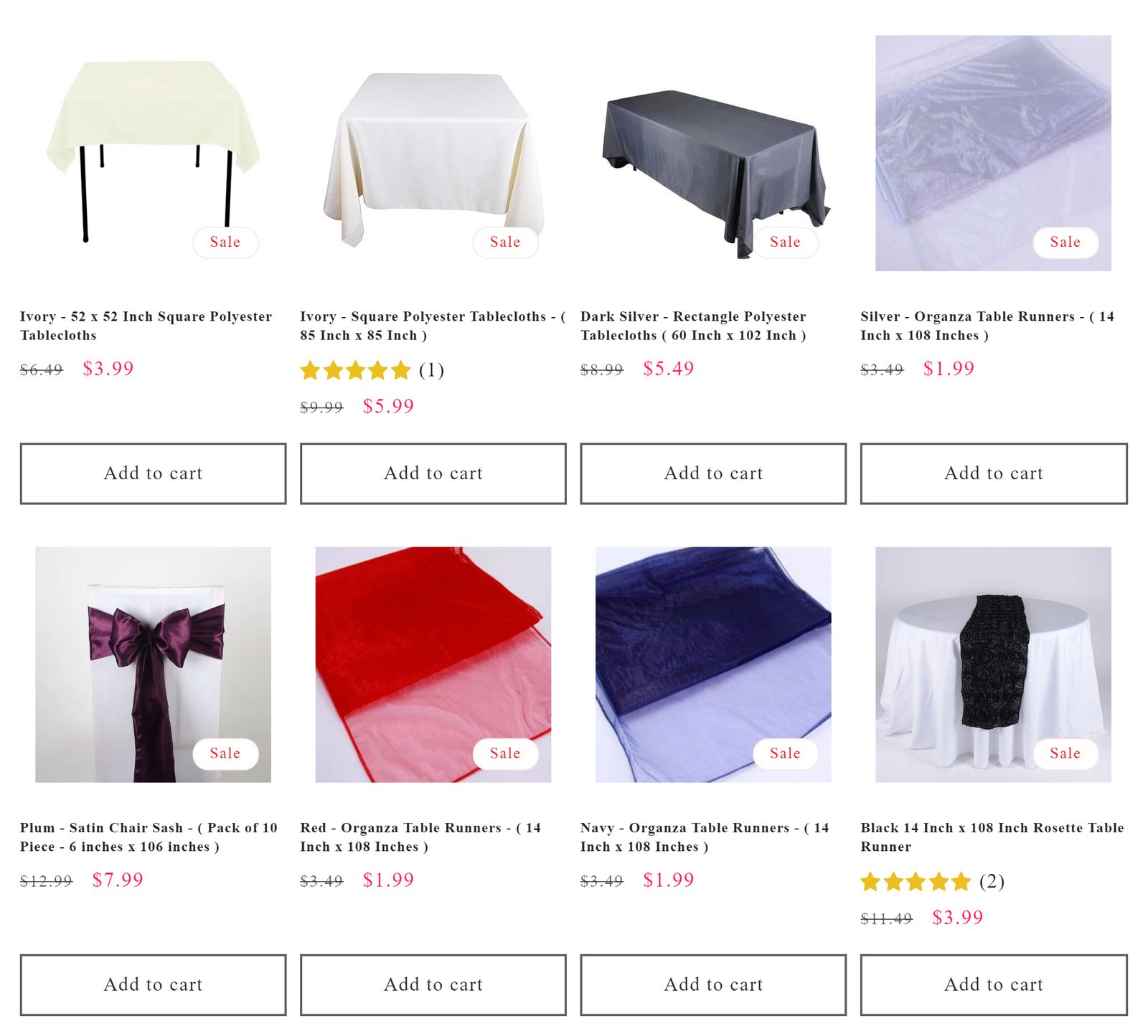 BBCrafts tablecloths category grid showing eight wholesale linens with sale prices in US dollars.