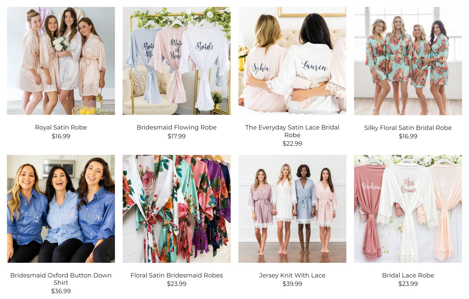 Bridesmaid robes collection grid showing eight products, five worn by more than one woman and three on hangers, with titles and prices.