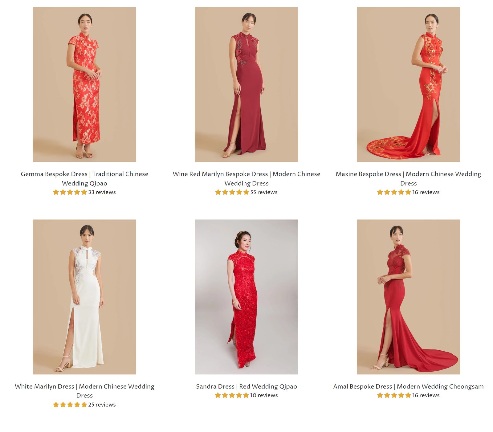East Meets Dress qipao collection page showing six Chinese wedding dresses on models with review counts.